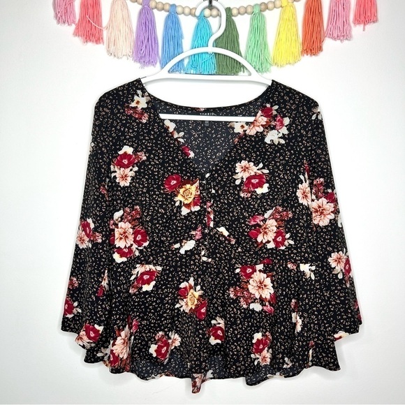 Torrid Black Leopard Floral Peplum Chablis Corset Back Top 3/4 Sleeves - Picture 15 of 16